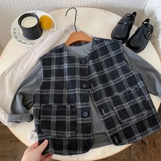 구빠방 아동 라운드넥 체크 패턴 루즈핏 조끼