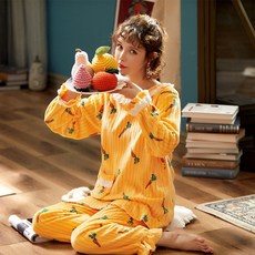 가을과 겨울 산호 양털 잠옷 여성 겨울 패딩 플러스 벨벳 플란넬 홈 의류 겨울 2021 새로운 정장, 노란 무 레이스 풀오버, 1개, L 코드 [높이 158-165 무게 100-110kg]