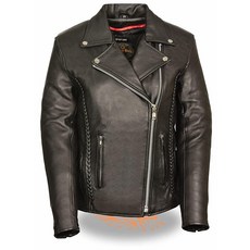 Milwaukee Leather 밀워키 레더 여성용 가죽 재킷 브레이드 스터드 백 디테일 실버 하드웨어 (블랙 M), Medium