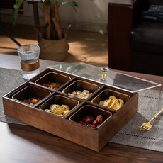 유리 간식 보관함 견과류 분리형 뚜껑 과일 접시 거실 간식 트레이 창 이중 육각 과일 상자+금테 사각 12개, 투명