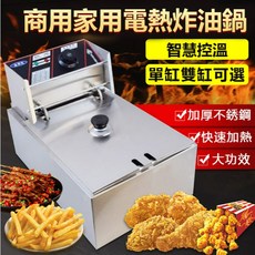 限時特賣 現貨 電炸鍋 油炸爐 304炸爐 10L電炸鍋 商用家用大容量油炸機 炸物鍋 自由調節 不鏽鋼覅油炸鍋, 1個, 10L-單缸電炸鍋110V+炸籃+油鍋蓋