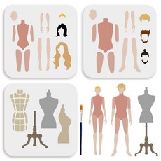 MAYJOYDIY 3팩 남성 여성 모델 피규어 스텐실 세트 - 15.2 x 15.2cm6 6인치 재사용 가능한 헤어스타일 디자인 템플릿 아트 스튜디오 마네킹 장식 벽 벽화