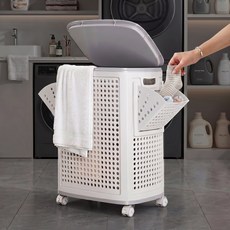 루시아이 초대용량 3칸분리 이동식 빨래바구니 70L, 화이트