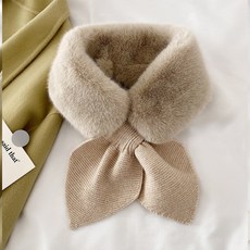 仿皮草毛絨拼接針織圍巾 毛絨領巾 圍脖 毛線保暖護頸 蝴蝶結領巾 秋冬保暖脖圍