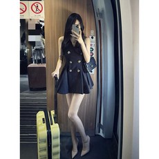 Yellwel 원피스 여성 여름 더블버튼 브이넥 허리조임 미니원피스 DJP