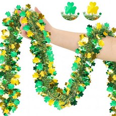 15.2m(50피트) 성 패트릭의 날 반짝이 화환 그린 골드 토끼풀 클로버 화환 반짝이는 메탈릭 걸이식 토끼풀 스트리머 성 패트릭의 날 장식 아일랜드 장식, 50FT-Style 3