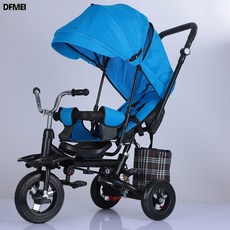 DFMEI 摺疊可躺可旋轉減震1-3-6手推騎行兒童三輪車, 1個, 1cm, 彎樑躺藍色+減震+10寸大鋁鈦空輪 【彎弓把:參考詳情