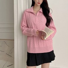 Tteugaejin 女款寬鬆彈性麻花 Luitern 半拉鍊高領針織衫