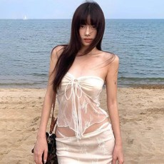 泰國小眾蕾絲抹胸分體比基尼，海島度假性感顯瘦長裙溫泉泳衣，展現您的完美曲線, 米色比基尼三件套【抹胸+長裙+三角褲】,XL