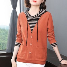 AOKADA 중년 여성 레이어드 스트라이프 후드티 가을 엄마 긴팔 티셔츠