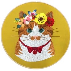 斑馬麥麥 貓咪刺繡材料包-含繡朋 貓咪刺繡DIY 手工刺繡材料 刺繡掛畫套件 繡綳附贈 刺繡初學者材料包 學校 美勞, 黃色