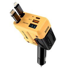 AQWA 車用伸縮線四合一手機充電器 120W快充, 黃色, 機甲伸縮拉線款 TYPE - C 蘋果頭