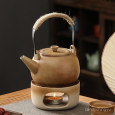 南瓜造型粗陶提樑茶壺搭配溫茶爐底座，家用圍爐煮茶暖茶小火爐，享受溫馨品茗時光, 1個, ZJ粗陶溫茶爐+燭拖+10顆蠟燭,圖上有尺寸