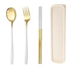 金色不鏽鋼餐具三件組 (湯匙、叉子、筷子) 含收納盒 便攜餐具組, 粉銀, 1套