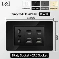 USB 타입이 있는 118개의 벽 스위치 소켓  C 고속 충전 이탈리아 소켓 칠레 Schuko 콘센트 강화 유리, 02 Glass Gold, 15 Italy2AC