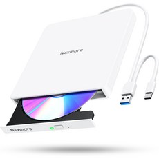 Nexmora 외장 DVD CD 드라이브 USB-A Type-C M-DISC 지원, 1개, 화이트