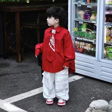 兔巴叮童裝 男童春季新款兒童紅色襯衫工裝褲兩件套裝 潮酷有型 開學畢業演出服