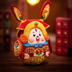 兔子刺繡手工DIY材料包 布藝玩偶擺件 情侶節日禮物, 兔爺  大將軍材料包  13*8cm, 1個