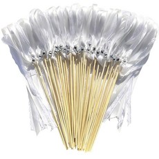 킹스노우 50팩 화이트 레이스 리본 완드 실버벨이 달린 웨딩 스트리머 실크 요정 스틱 결혼식 소원 송별회 활동 홀리데이 축하