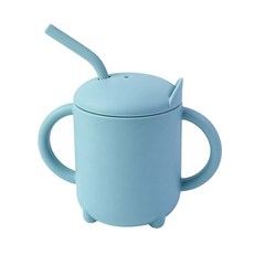 DFMEI 硅膠餐盤圍兜嬰兒童碗餐具叉勺防摔零食杯子套裝兒童輔食硅膠餐盤, 1個, 水杯吸管藍色:如圖