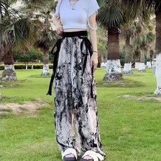 新中式國風印花防曬闊腿褲女裝 夏季直播新款飄帶直筒休閒長褲