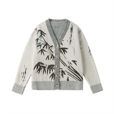 【國潮水墨】男款開衫 毛衣 針織衫 外套 春秋上衣 寬鬆休閒 竹葉提花 V領設計 高街潮牌 情侶百搭