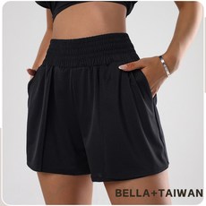 BELLA+TAIWAN 假兩件運動短褲 黑色M碼 高腰速乾 內襯防護 實用口袋