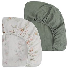 Onacosht 모슬린 미니 아기 침대 시트 99.1 x 68.6cm(39 x 27인치) 팩 앤 플레이 매트리스 시트 팩 앤 플레이에 적합 남아 여아용 부드러운 면 2팩, Pack n Play Sheets 39" x 27", 그린 및 리프