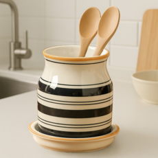 생활예찬 예쁜 빈티지 도자기 물빠짐 수저통 수저 꽂이 정리함, 1개, 줄무늬