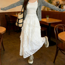 여성 레이스 롱스커트 캉캉 플레어 A라인 베이직 데일리 스커트