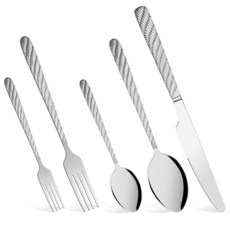 DLAND 스테인리스 스틸 실버웨어 세트 트위스트 로프 손잡이가 있는 5피스 플랫웨어 커틀러리 디너 스푼/포크/나이프 디저트 스푼 및 포크 포함 거울 광택 식기, 실버