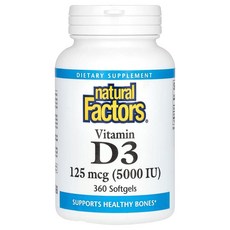 Natural Factors 네츄럴팩터스 비타민 D3 125 mcg (5000 IU) 360 소프트젤, 1개, 360정