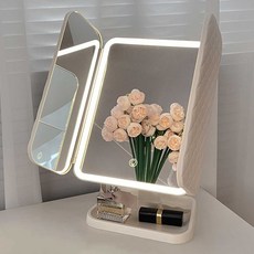 집드리 LED 탁상 거울 접이식 화장 접이식 거울 메이크업 C type 무선 조명 거울, 화이트