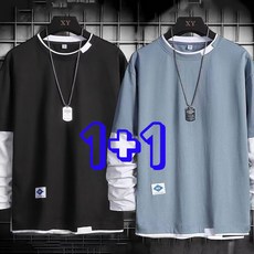 JUSTFEELING 1+1 배색라인 남성 긴팔티셔츠 데일리 라운드넥 박시티 레이어드 봄 가을 이너티 긴팔 티셔츠 맨투맨 남자