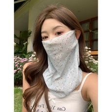 防曬面罩 防曬面罩女夏季遮陽碎花小清新面紗掛耳護頸防紫外線學生騎行面巾, 綠野沫白, 1個