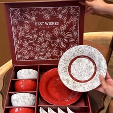 陶瓷碗碟套装 喜庆家用 结婚乔迁新婚礼盒, 1套, 花朵紅色混搭10件套禮盒裝, 如圖