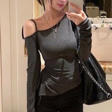 cammello 원 오프숄더 옆셔링 슬림핏 긴팔 티셔츠 허리잘록 봄가을 긴팔티