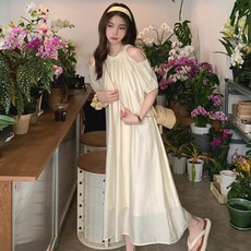 투니스 여성 루즈 오프숄더 반소매 롱 원피스