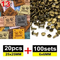 20pcs 믹스 가죽 레이블 100 세트 6x6MM 금속 스파이크 수제 의류에 대 한 양각 태그 DIY 모자 바느질 액세, 03 13