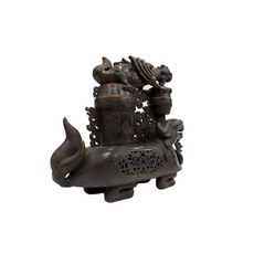 博古珍藏 和闐碧玉鎏金鏤空龍龜帶子上朝雙口帶蓋玉爐 5.6公斤 宮廷珍品 早期收藏, 1個