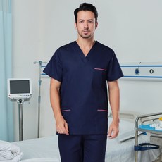 手術服 洗手衣 短袖套裝 醫生 護士 工作服, 1個, 男102款藏藍加粉邊短袖（滌棉）,S