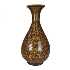 《博古珍藏》宋代吉州窯黃釉花卉紋玉壺春瓶，早期收藏老件瓷器，博物館級文物珍品