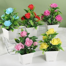 탁상장식 미니플랜트 장미모형 플라스틱화분세트, 연핑크