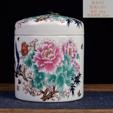 賣場新品米缸陶瓷米缸儲物罐陶瓷罐景德鎮陶瓷米缸帶蓋家用5/10斤裝米桶密封儲米箱儲米罐麵粉桶防蟲, 1個, 5斤富貴和平+米杯1密封圈1