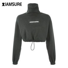 IAMSURE 여성용 레터 프린트 긴 소매 캐주얼 루즈 풀오버 가을 패션 터틀넥 레이디 크롭 스웨터 셔츠