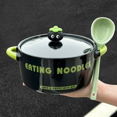 레터링 컵라면 제조용기 뚜껑포함 세라믹 캐서롤 냄비, 블랙+스푼