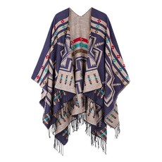 여성용 따뜻한 숄 랩 오픈 프론트 가디건 빈티지 패턴 판초 케이프 스웨터 코트 5 오렌지 단일 사이즈 142290, 네이비 블루 1개