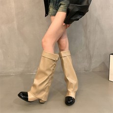 卡其色褲管靴子女 2025早秋新款拼色圓頭長筒靴 粗跟騎士長靴 (臺灣出貨), 卡其色,37, 37