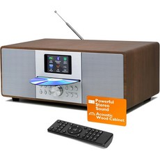 MangoKit MS4+ CD 플레이어 FM 라디오 하이파이 시스템 I 블루투스 강력한 스테레오 디지털 음향 우드 캐비닛 플레이어스피커 40 프리셋 포함 헤드폰 잭 호두 마감, Walnut