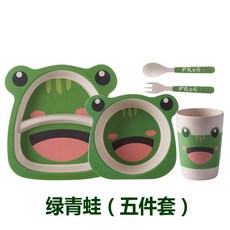 YIChu-創意竹粉竹纖維兒童餐具套裝五件套幼兒園寶寶卡通分格碗餐盤叉勺 8ROW, 耳朵青蛙 5件套, 1個